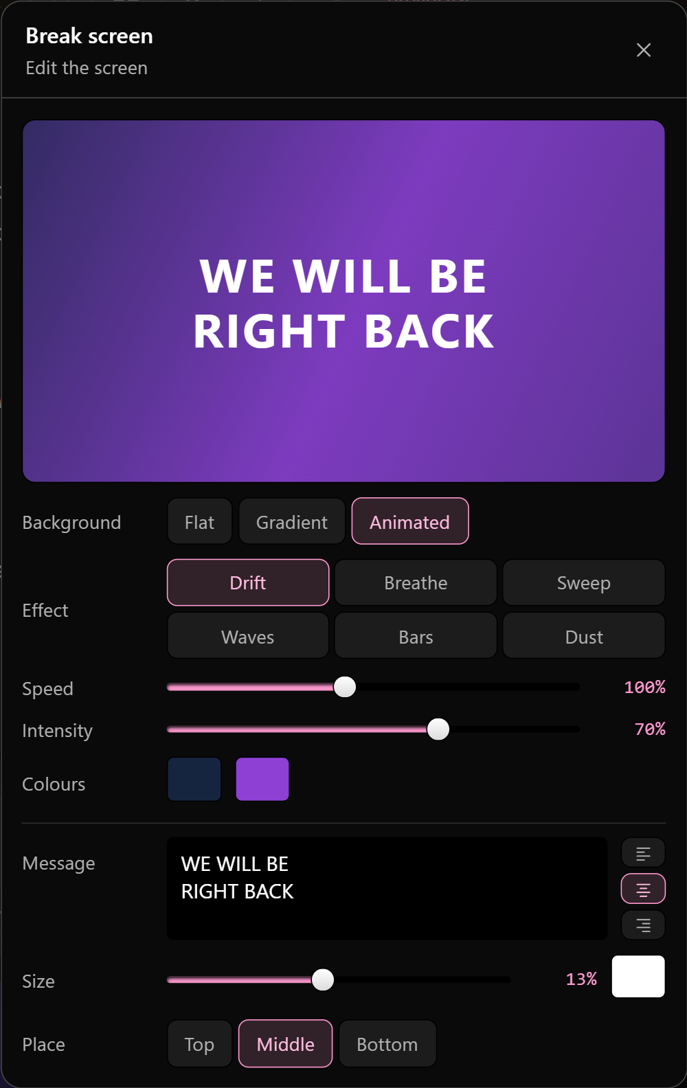 The screen editor: a live preview above the controls