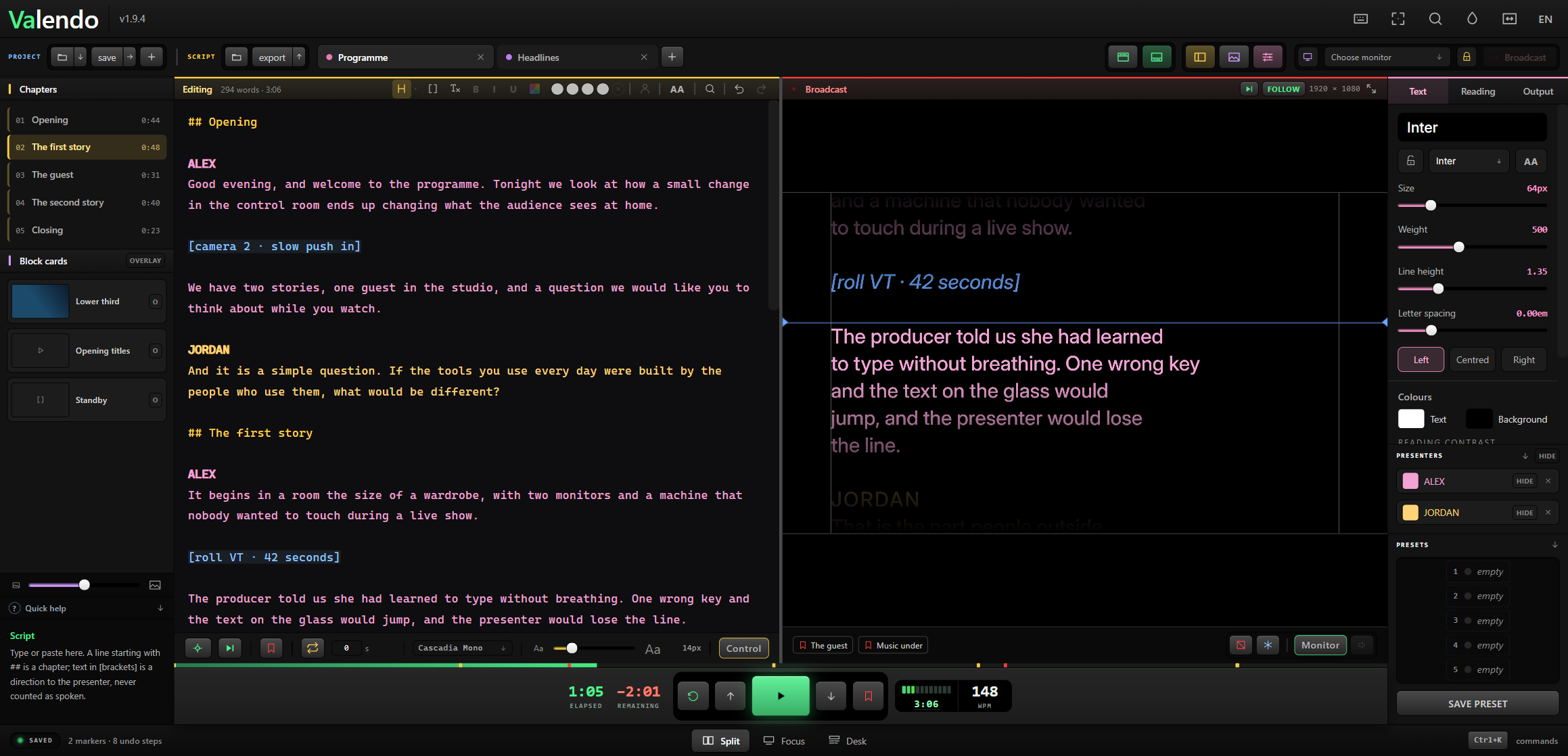 The operator window in Split mode