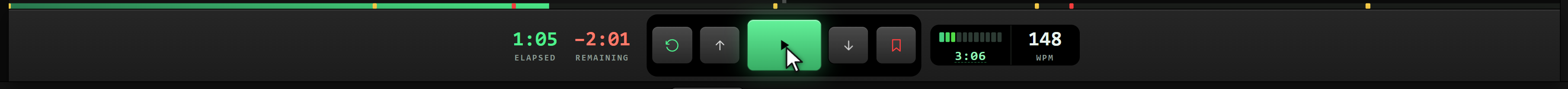 The transport: the two clocks, the play key, and the WPM ruler