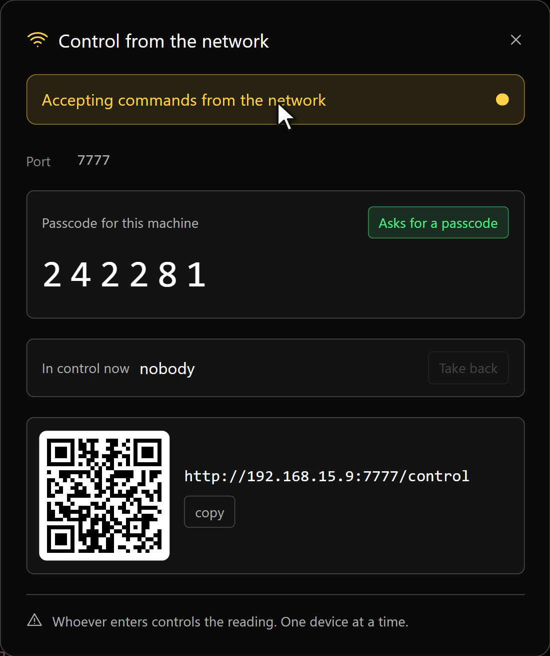 The Control panel: the switch, the passcode and the QR code