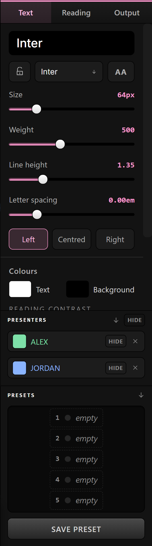 The appearance panel with sliders and reading-contrast swatches