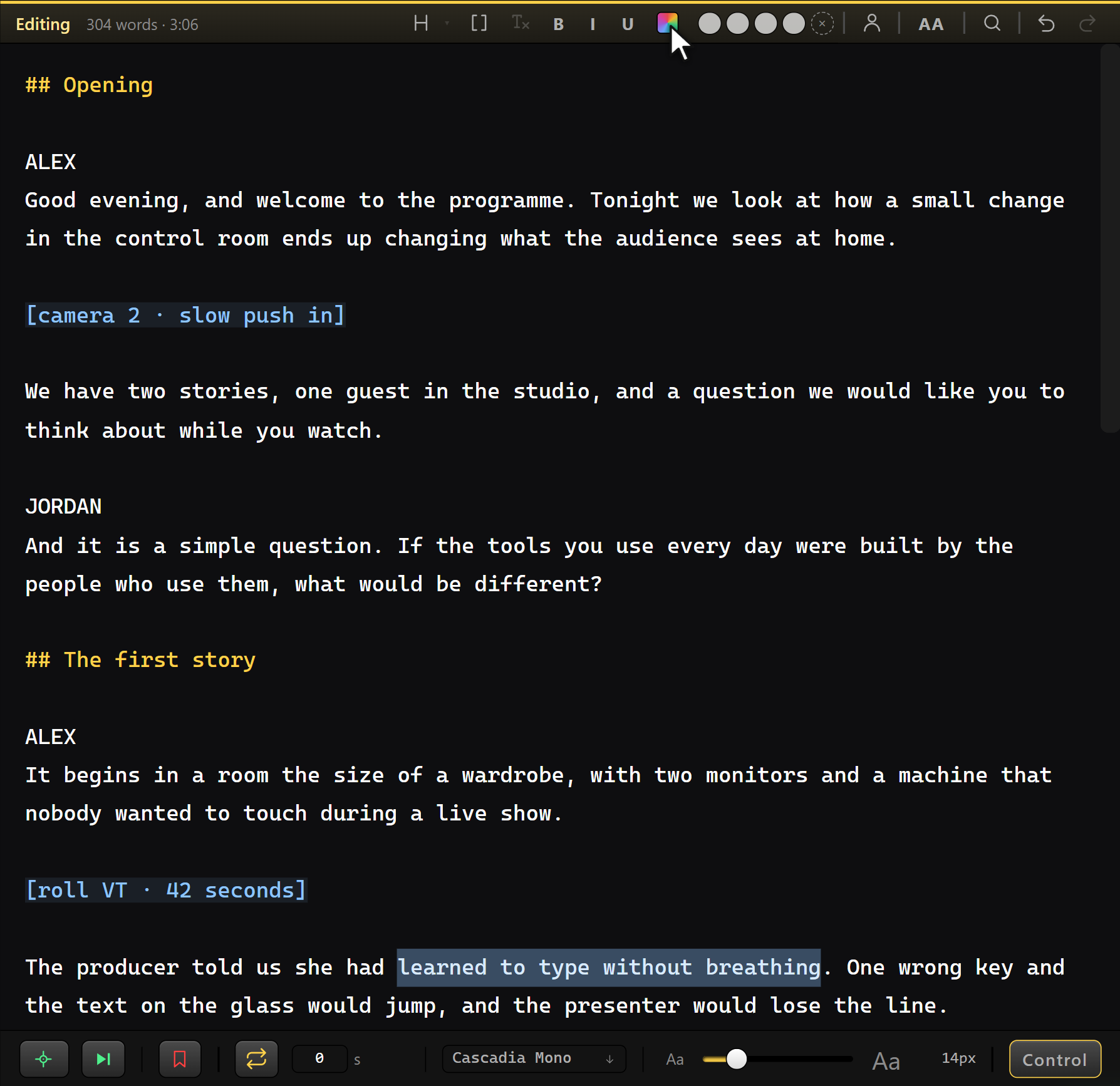 A passage selected, with the cursor on the color key