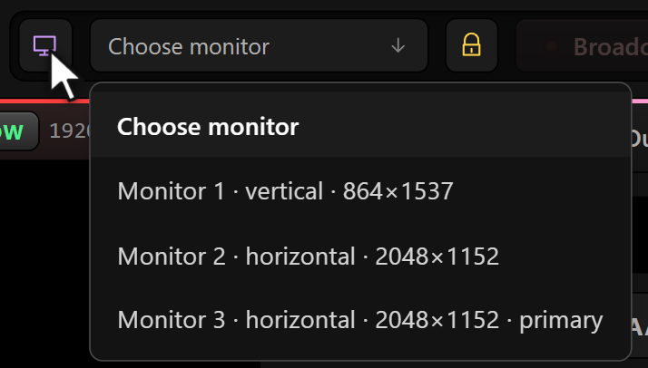 Choosing a monitor, each screen listed with its size
