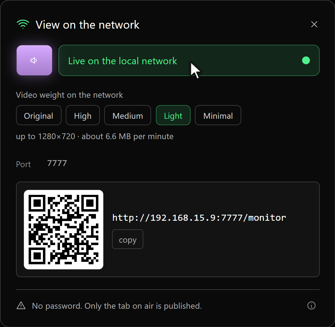 The network panel: the switch, the address and the QR code