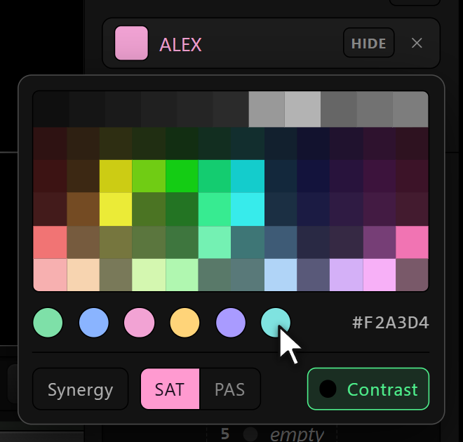 The chip's color menu open, with the six synergy colors and the full grid
