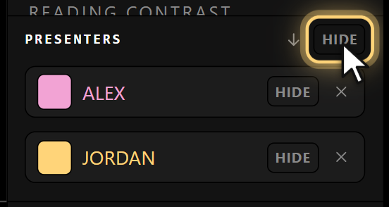 The global HIDE switch highlighted beside the Presenters title
