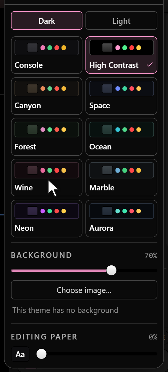 The theme panel: ten dark palettes in a grid, the background and paper sliders below