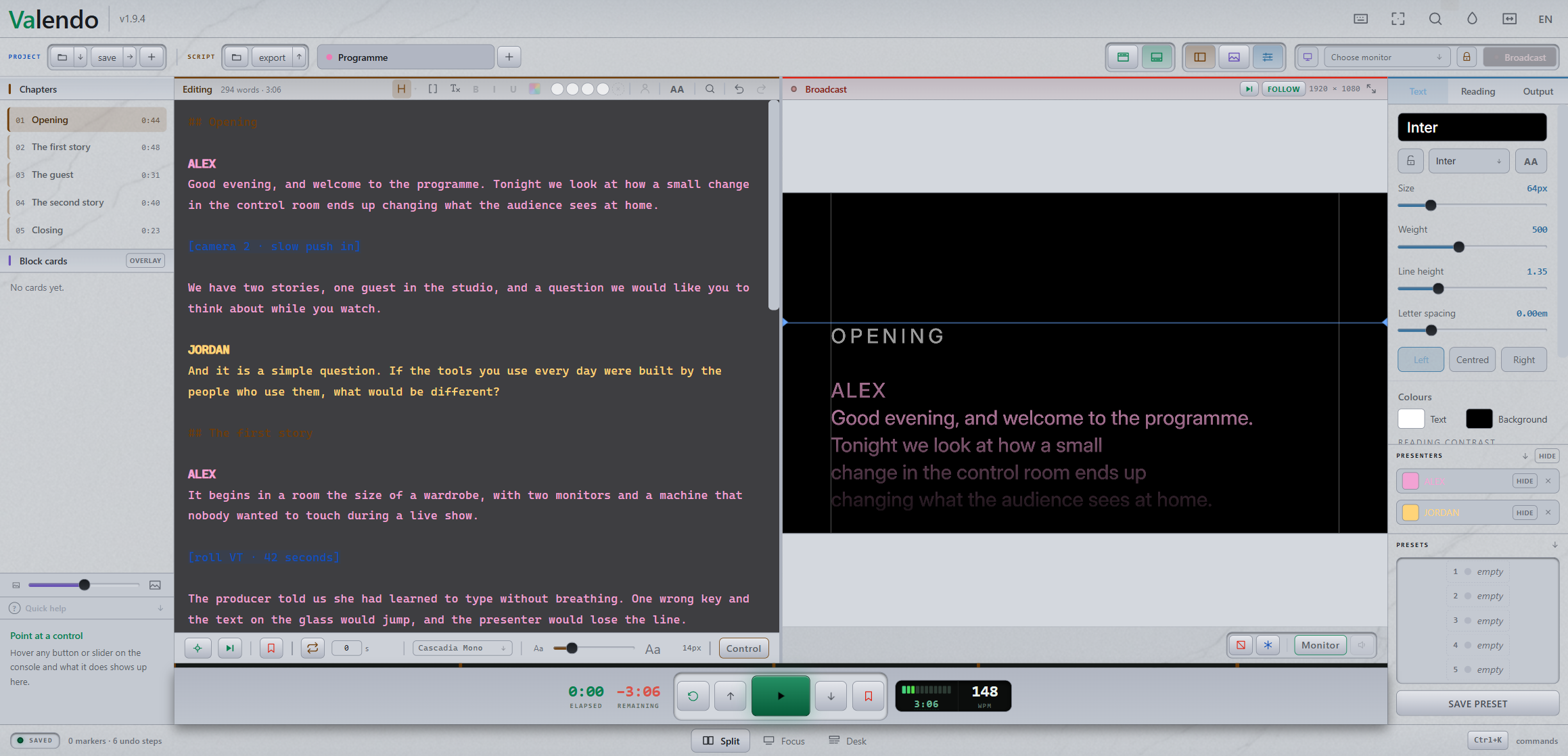 The app in a light theme, with the editing paper kept dark